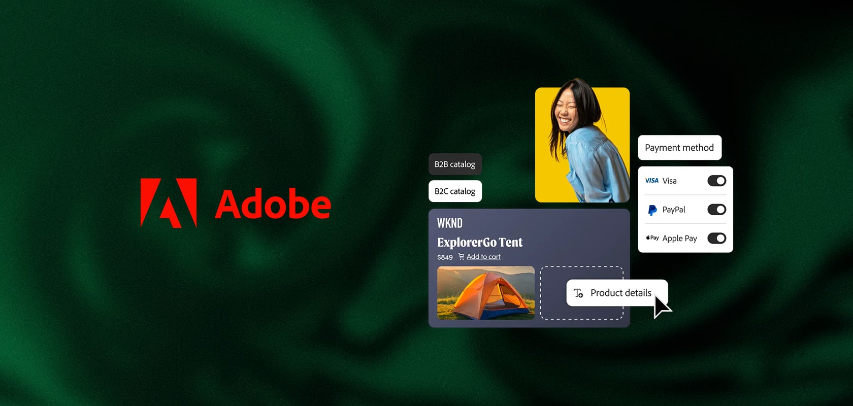 Adobe-Logo auf grünem Hintergrund mit E-Commerce-UI-Mockup: ExplorerGo-Zelt-Produktkarte, kleines Zeltfoto, Benutzerporträt und Zahlungsmethoden-Umschaltflächen.