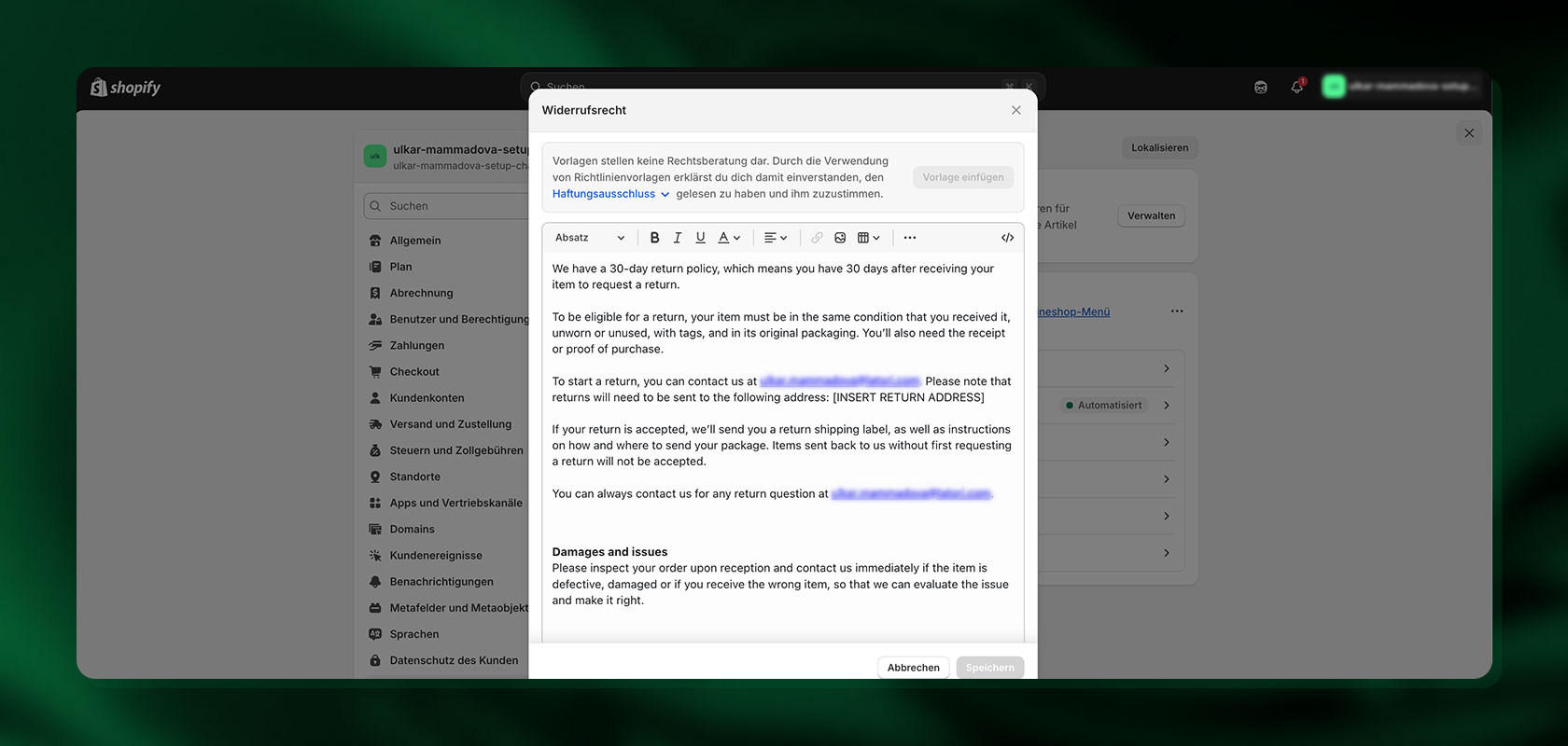 Shopify Widerrufsrecht