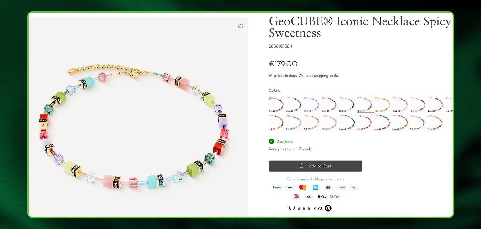 Colorful beaded necklace displayed with product details on a website, priced at €179. Available in multiple color options.