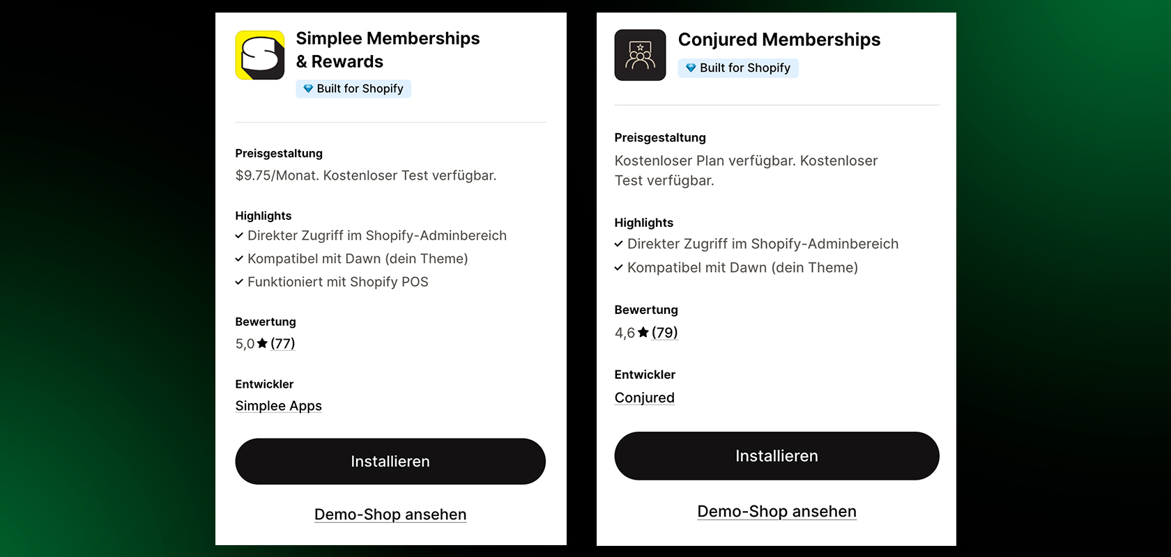 Vergleich von zwei Shopify-Apps: Simple Memberships & Rewards und Conjured Memberships, mit Preisen, Funktionen und Bewertungen.