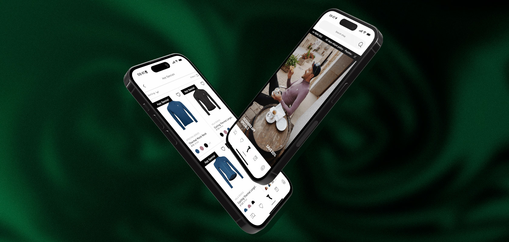 Zwei Smartphones mit Mode-Shop und Lifestyle-Inhalten.