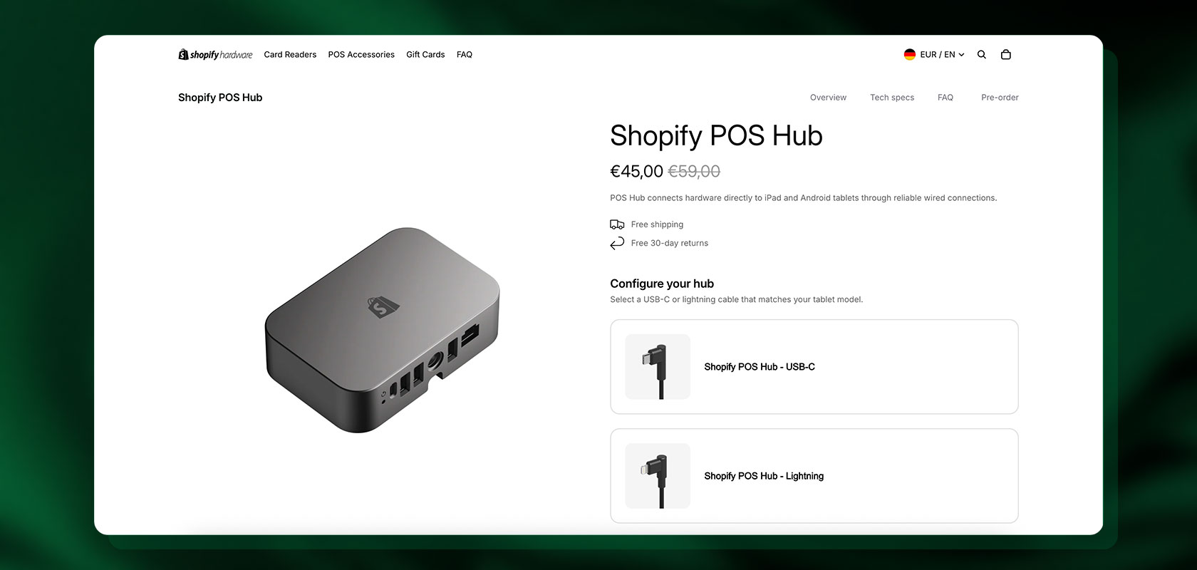 Screenshot of Shopify POS Hub product page showing a compact gray hub with multiple ports, price, and configuration options.