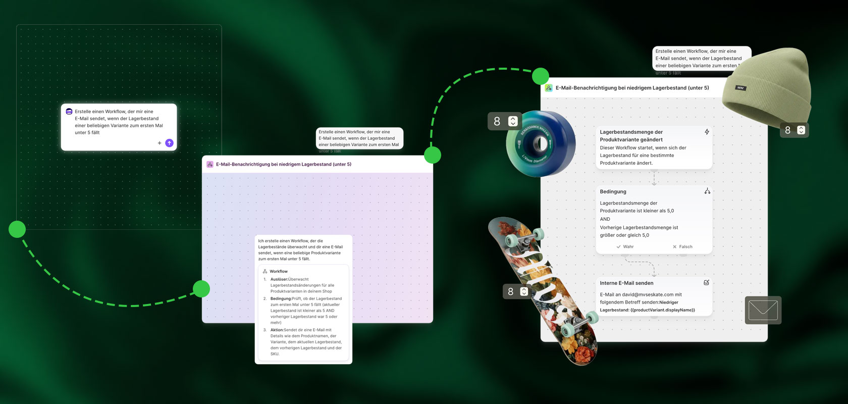 Collage of digital interface windows, chat bubbles, and icons connected by a dotted path alongside a skateboard deck, camera lens, and beanie.