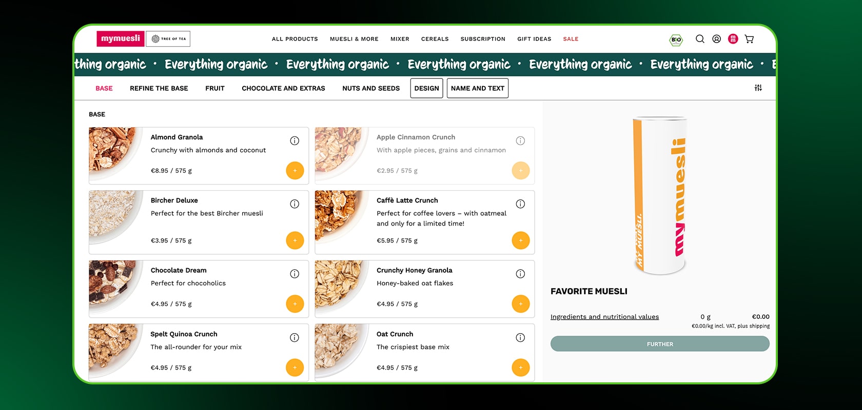 A website interface displaying a selection of organic muesli products with images, prices, and a highlighted product on the right.
