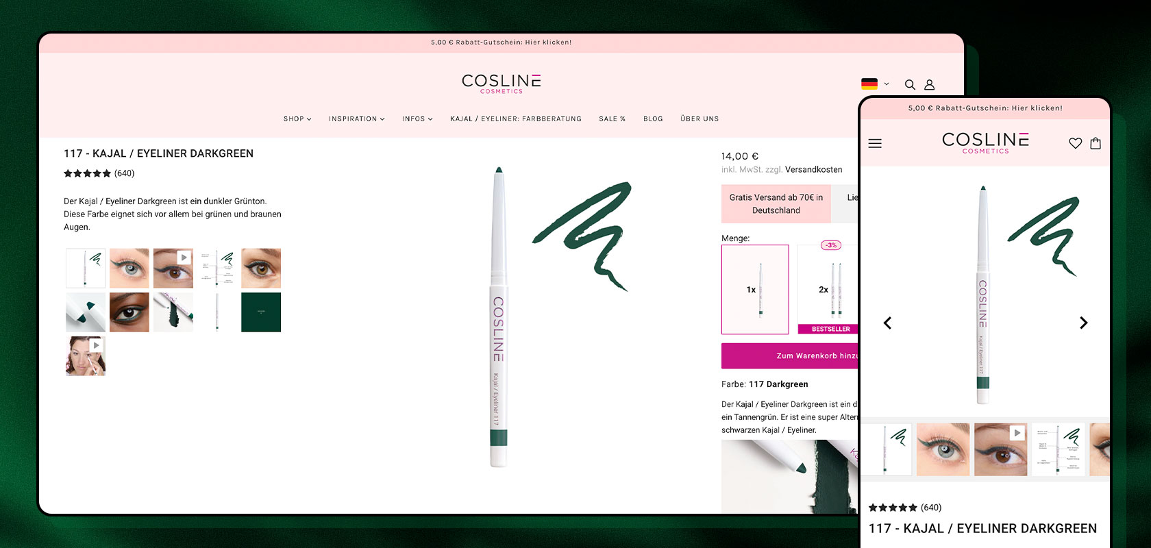 Website, auf der ein grüner Eyeliner-Stift mit Produktbildern, Preis und Kaufoptionen angezeigt wird. Das Layout umfasst eine Desktop- und eine Mobilansicht.