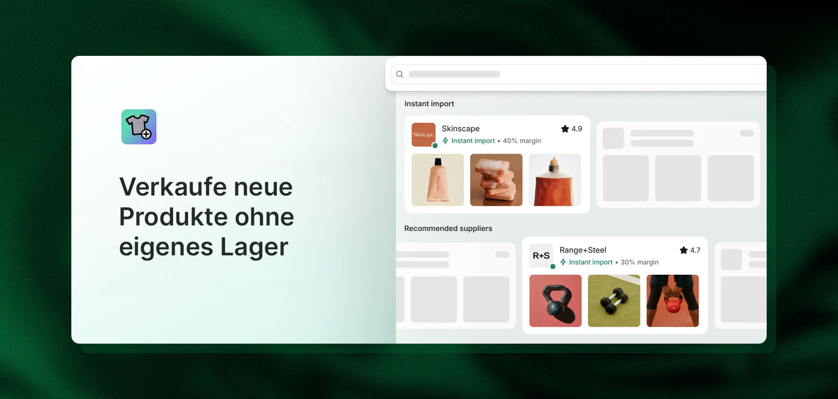 Screenshot der Oberflächenstruktur von Shopify Collective mit Produktempfehlungen und dem Hinweis „Verkaufe neue Produkte ohne eigenes Lager“.