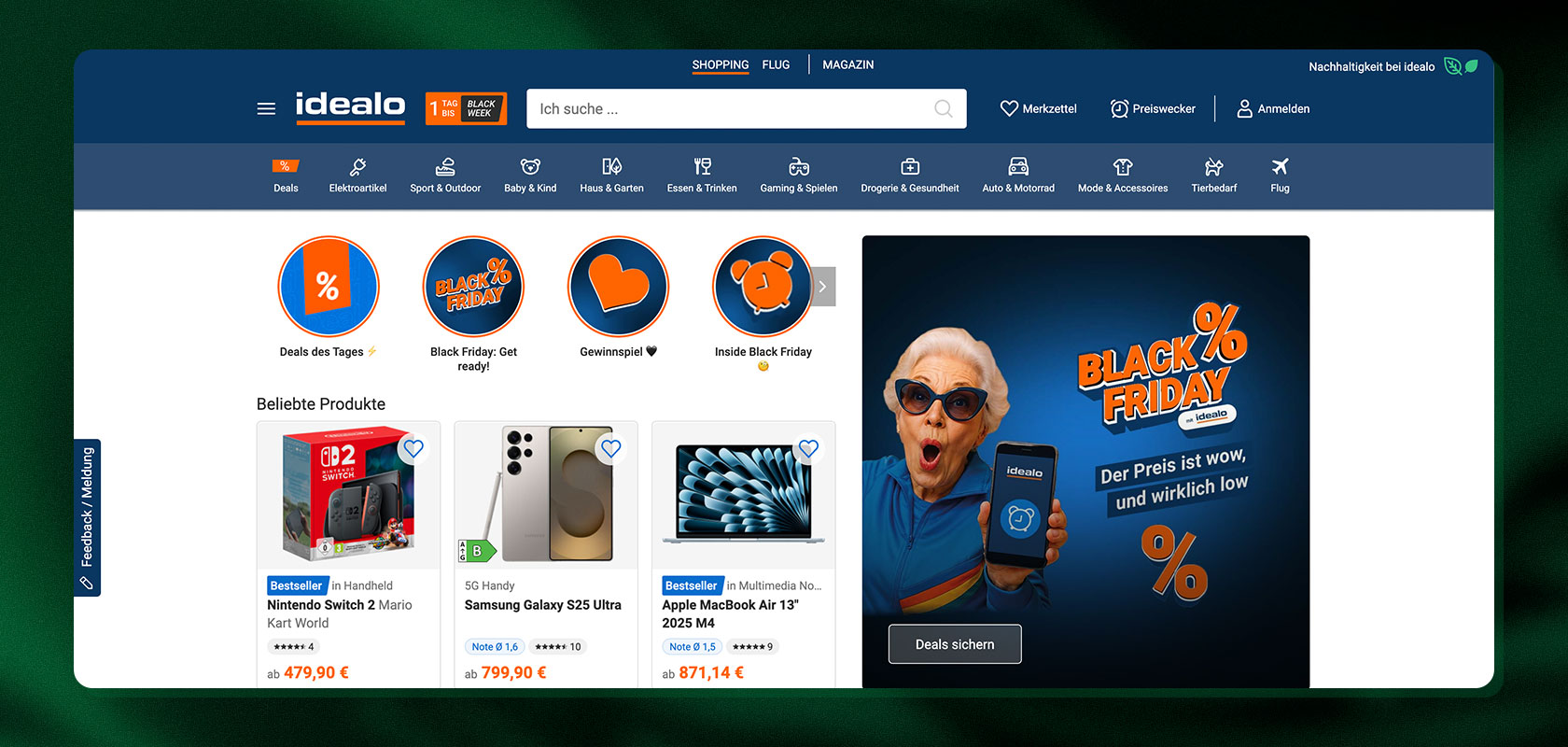 Idealo website screenshot: Black Friday banner with surprised woman holding a phone, discount icons, and product listings with prices.