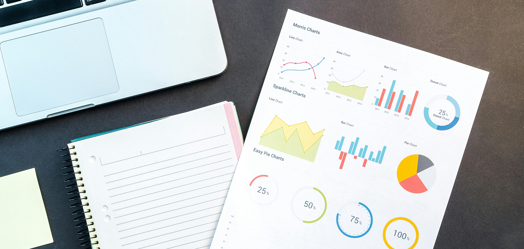 Laptop, Notebook und Papier mit bunten Grafiken und Diagrammen auf einem Schreibtisch, die Datenvisualisierungen und Analysen anzeigen.