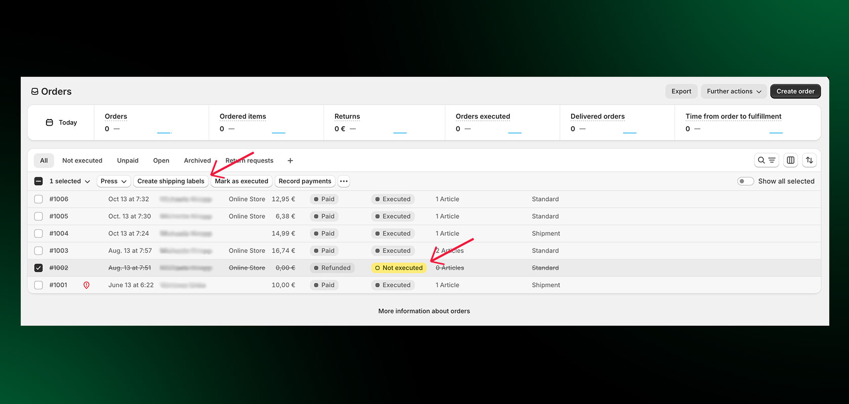 A screenshot of an order management interface in German, showing a list of orders with details like date, status, and payment method.