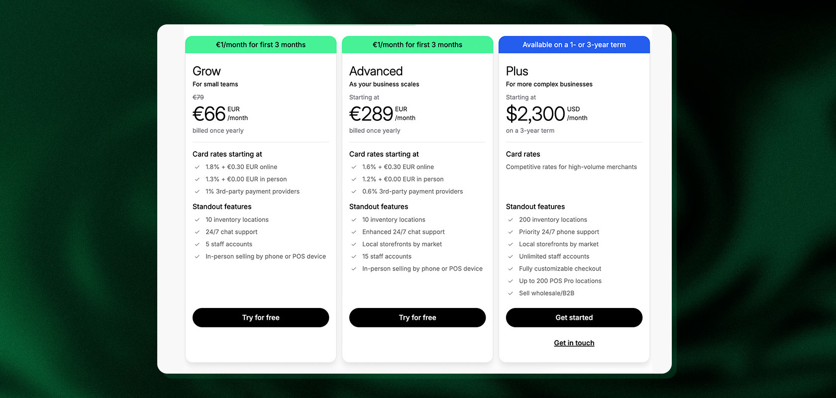 Pricing comparison chart with three plans: Grow, Advanced, and Plus. Details include monthly costs, features, and contact options.