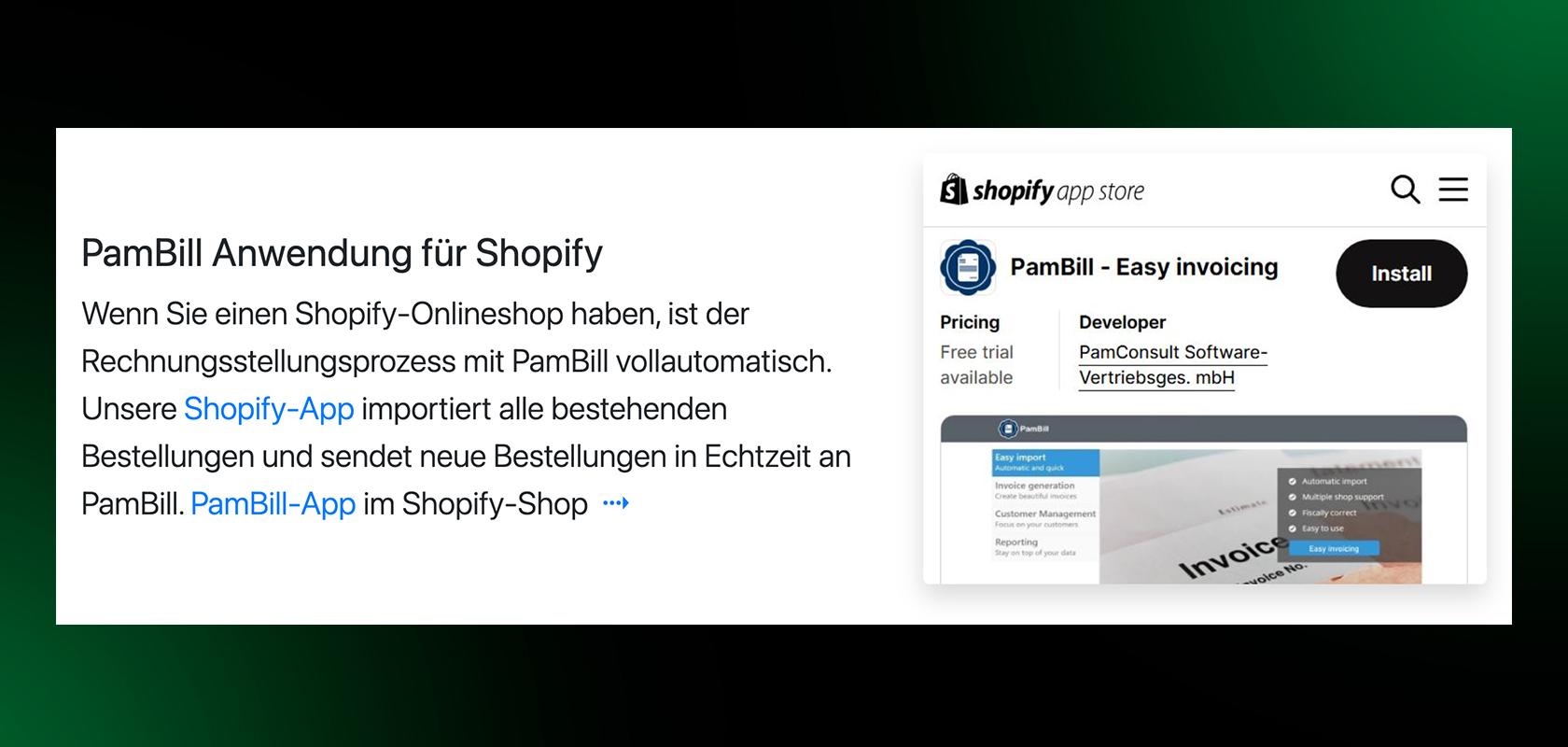 Shopify-App-Store-Seite für PamBill mit einfachen Rechnungsdetails und einem Installationsbutton sowie einer deutschen Beschreibung der Funktionen.