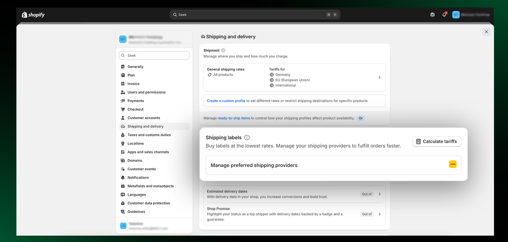 screenshot of the Shopify backend showing the integrated DHL option