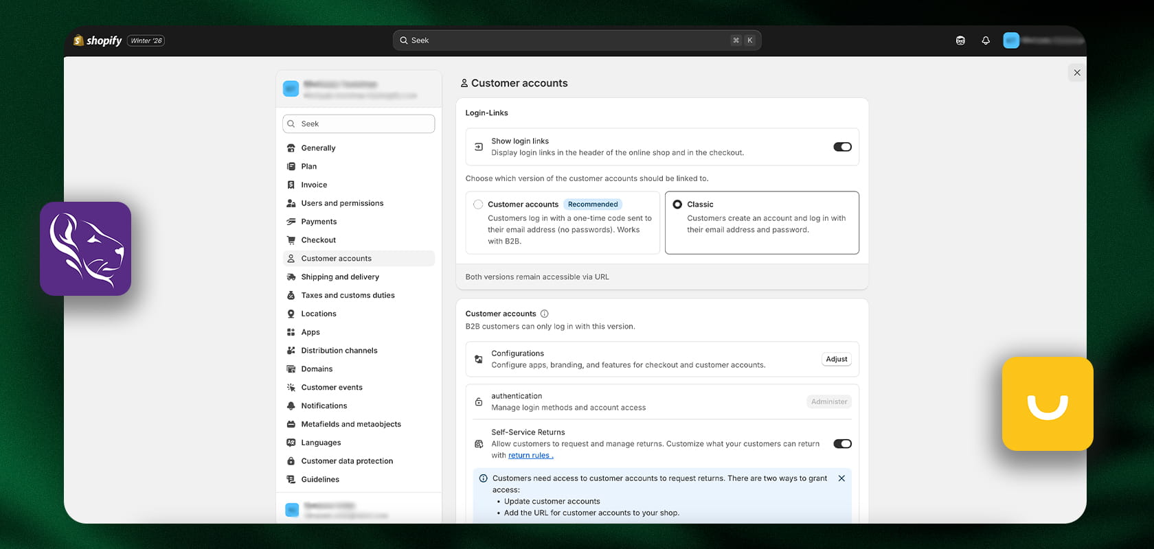 A computer screen displaying a Shopify dashboard in German, showcasing various customer options and settings.