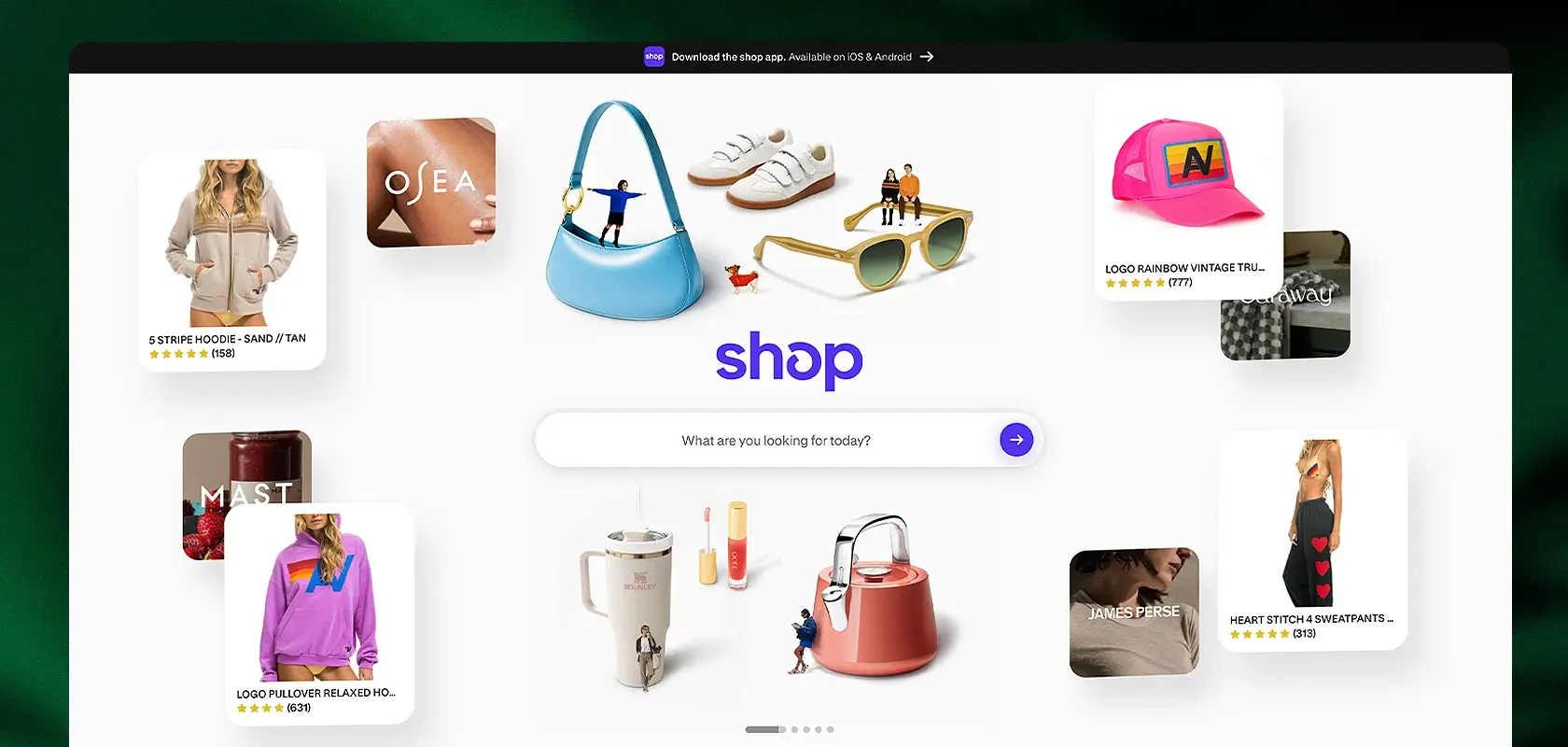 Online shopping website interface showing shoes, bags, sunglasses, and clothing items around a central search bar with the word "shop."