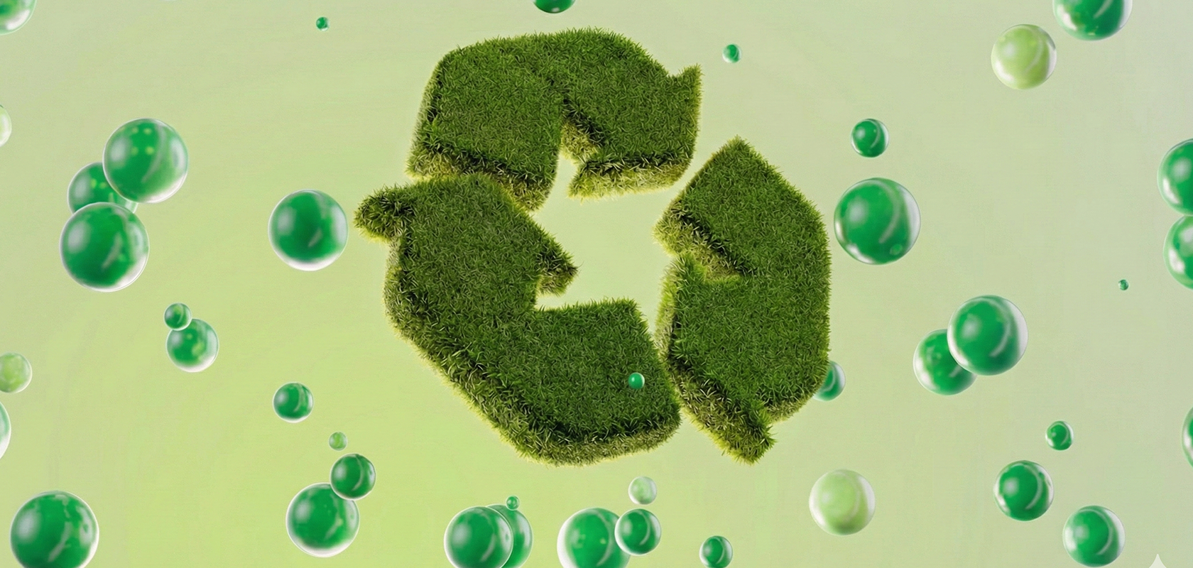 Grass-covered recycling symbol surrounded by floating green bubbles on a light green background.