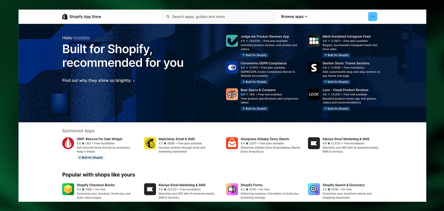 Screenshot of the Shopify App Store homepage in German, showing featured apps, search bar, and navigation options.