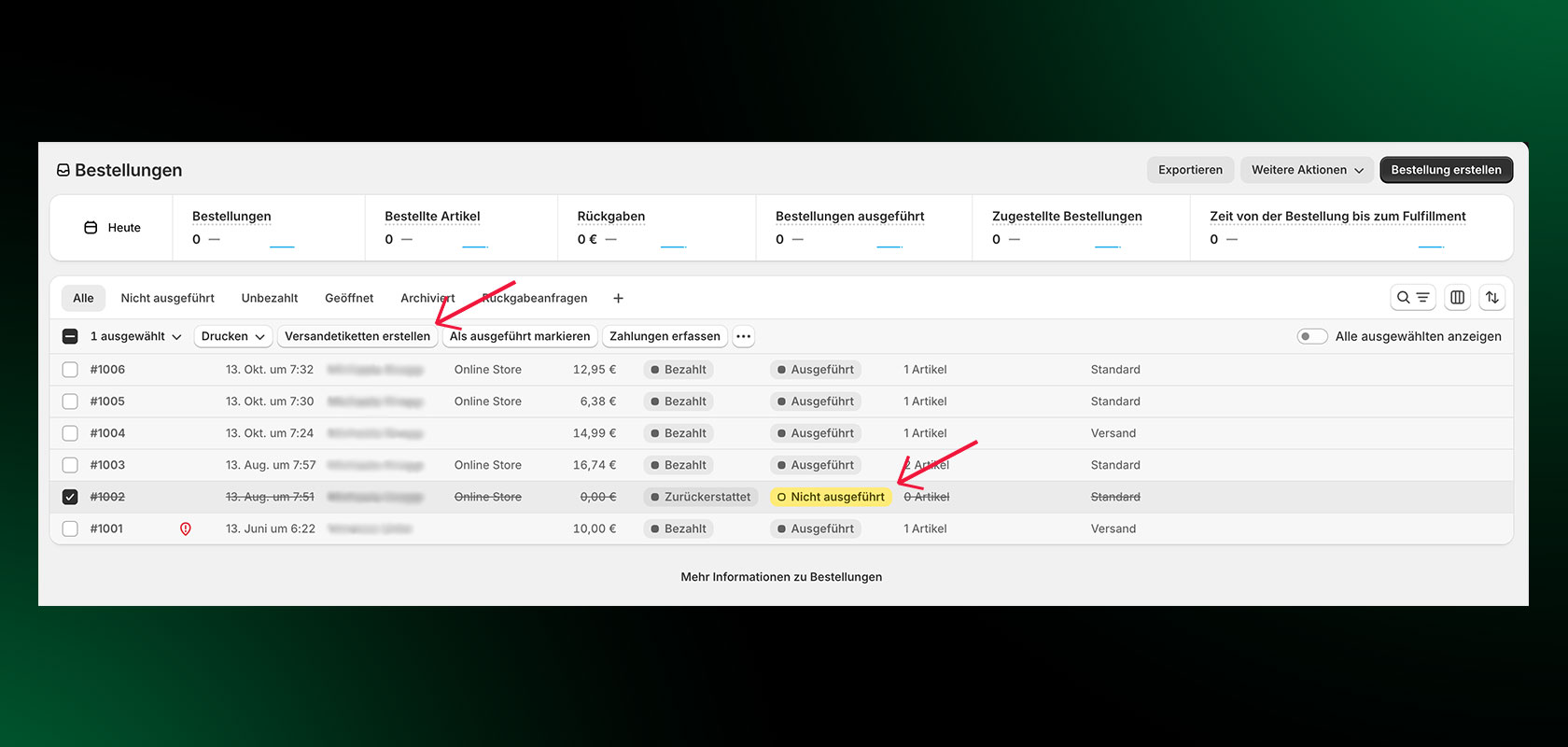 Ein Screenshot einer Auftragsverwaltungsschnittstelle in deutscher Sprache, der eine Liste von Aufträgen mit Details wie Datum, Status und Zahlungsmethode zeigt.