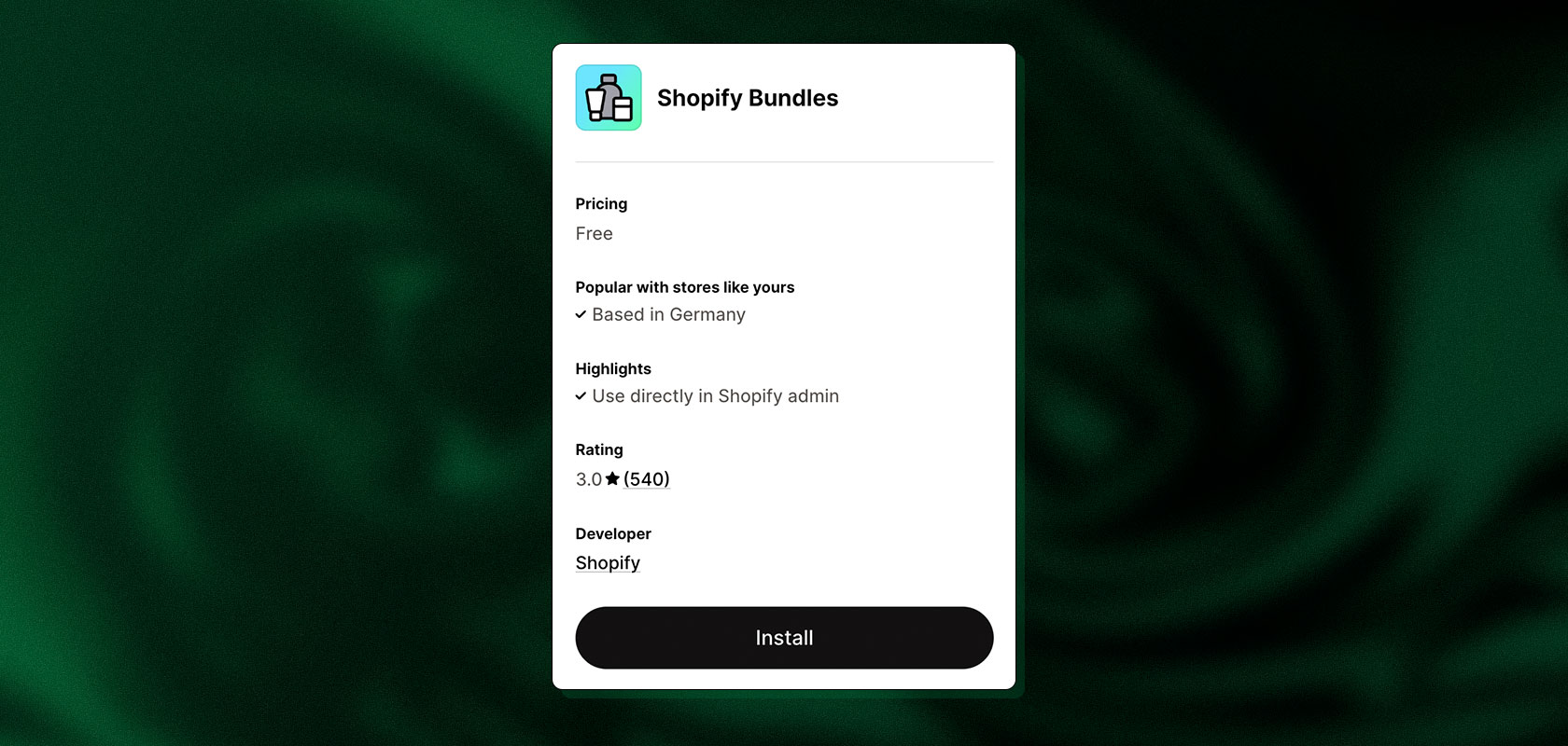 Shopify app interface showing "Shopify Bundles" details, including price, popularity, features, rating, and an "Install" button.