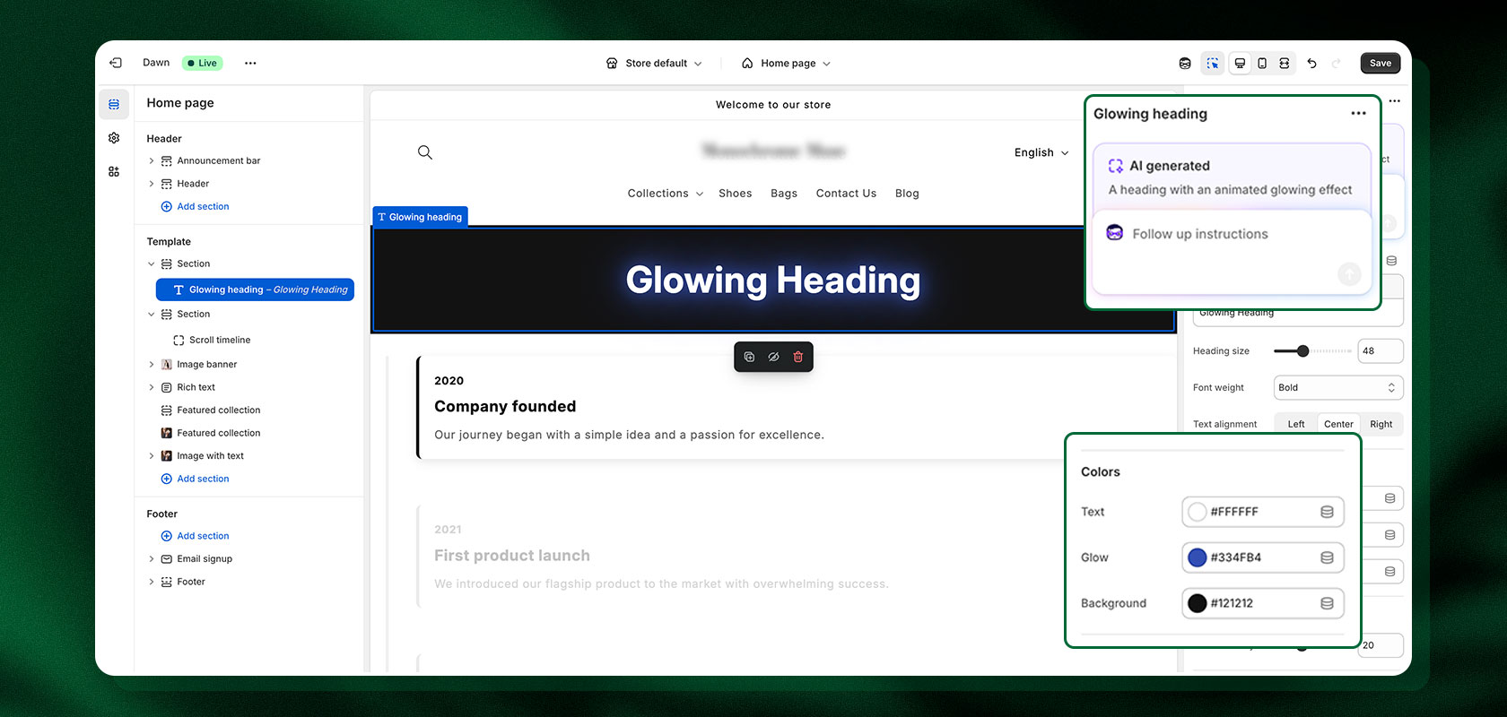 Screenshot eines Webseiten-Editors, der einen leuchtenden Überschrifteneffekt zeigt. Optionen für Textgröße, Farben und Leuchtintensität sind im rechten Bereich sichtbar.