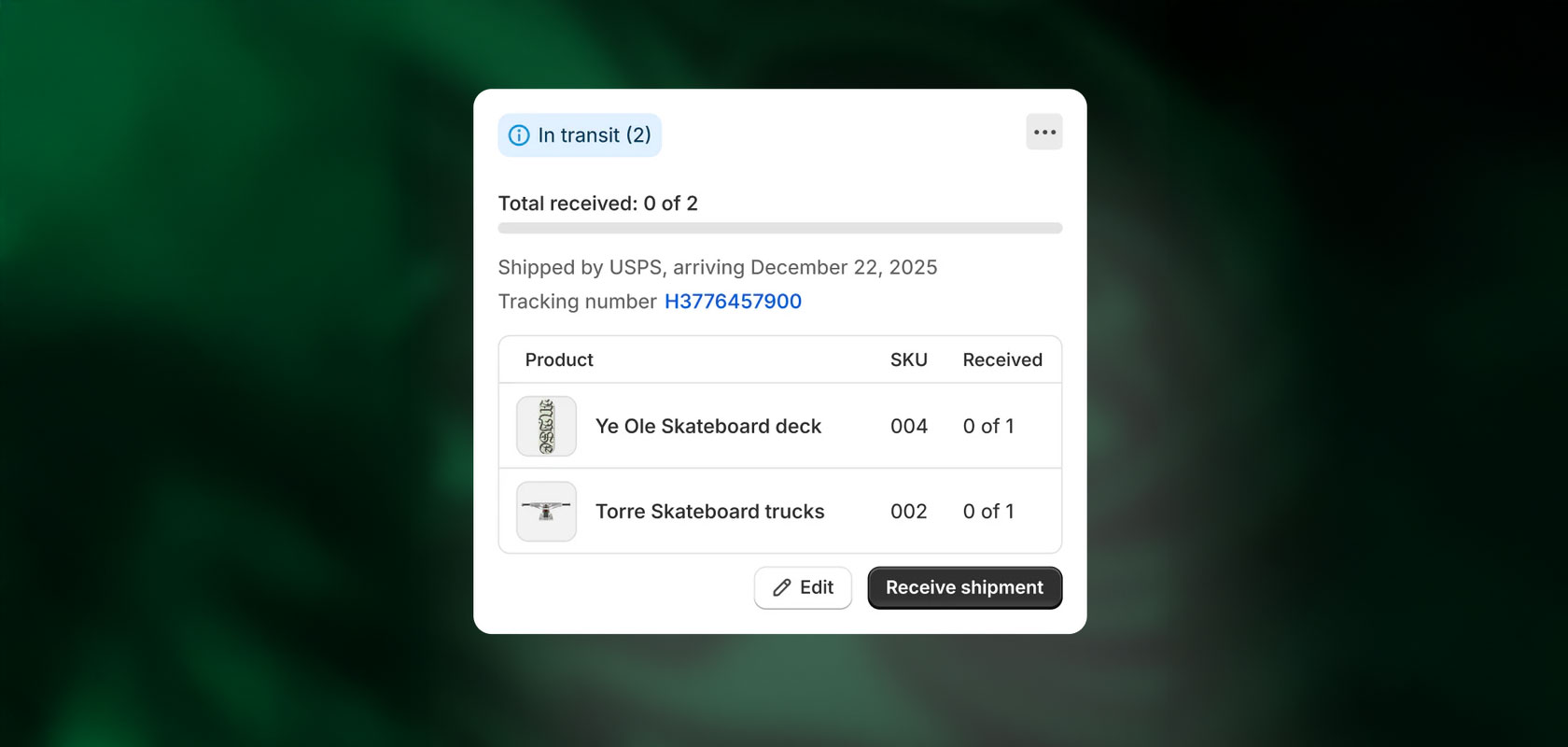Shipping popup: UPS delivery due Dec 22, 2025; 0 of 2 received. Items: Ye Ole skateboard deck, Torre skateboard trucks; action buttons.