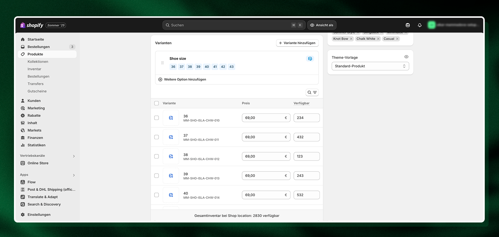 Ein Screenshot zeigt shopify-produktvarianten