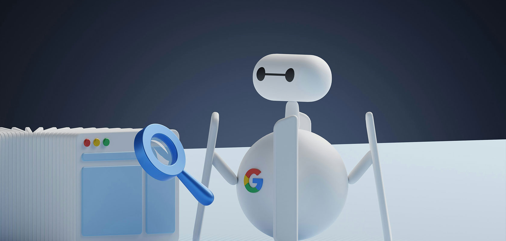 A 3D robot with a Google logo holds a magnifying glass near a stylized web browser, symbolizing internet search.