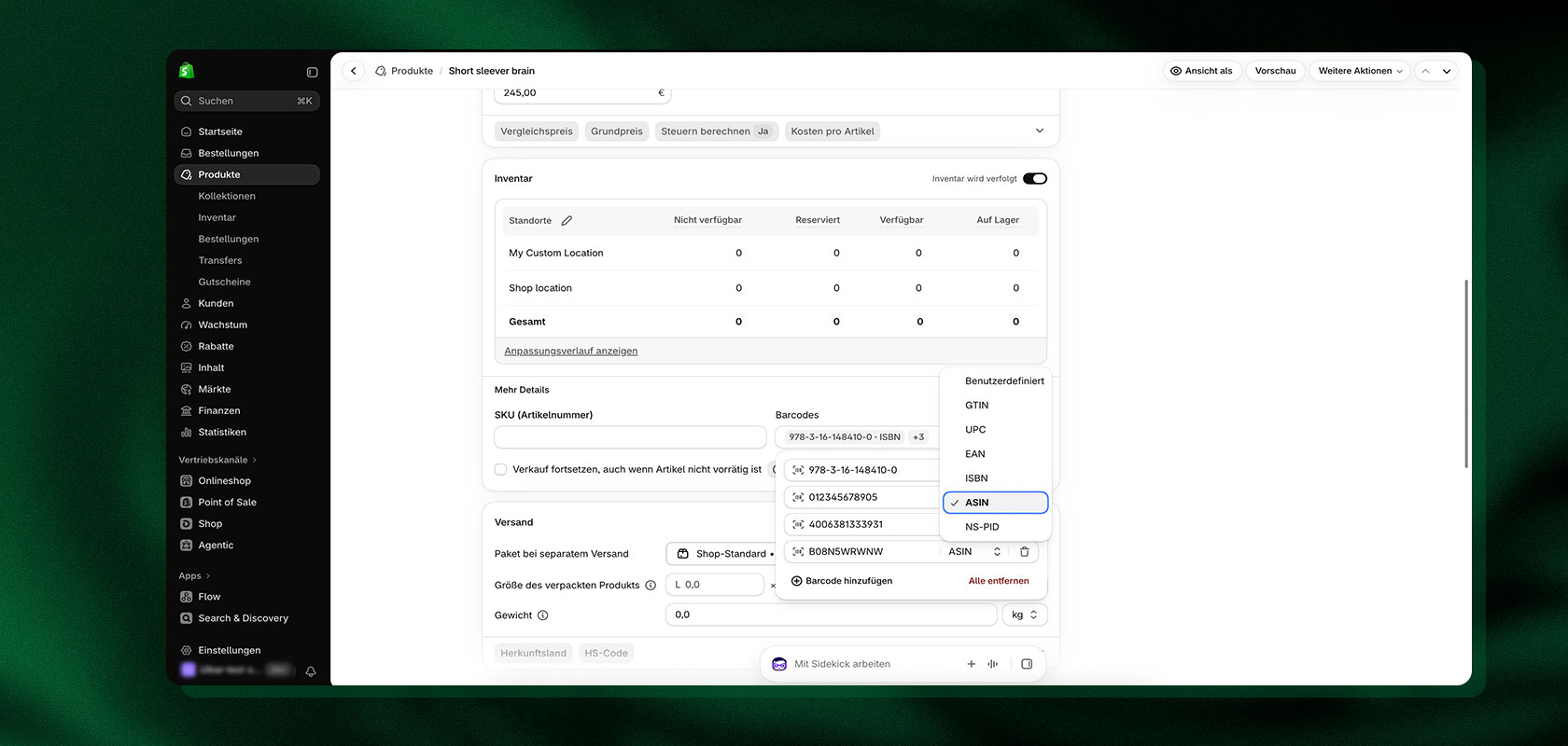 Screenshot des Shopify Admins und der Varianten und Barcodes