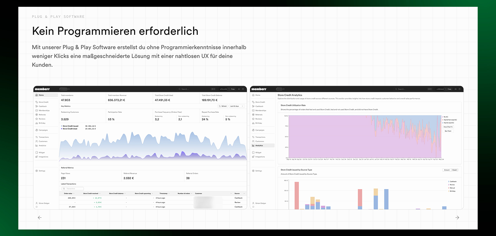 Dashboard-Oberfläche zur Anzeige von Grafiken und Diagrammen mit Text in deutscher Sprache über eine Softwarelösung, für die keine Programmierung erforderlich ist.
