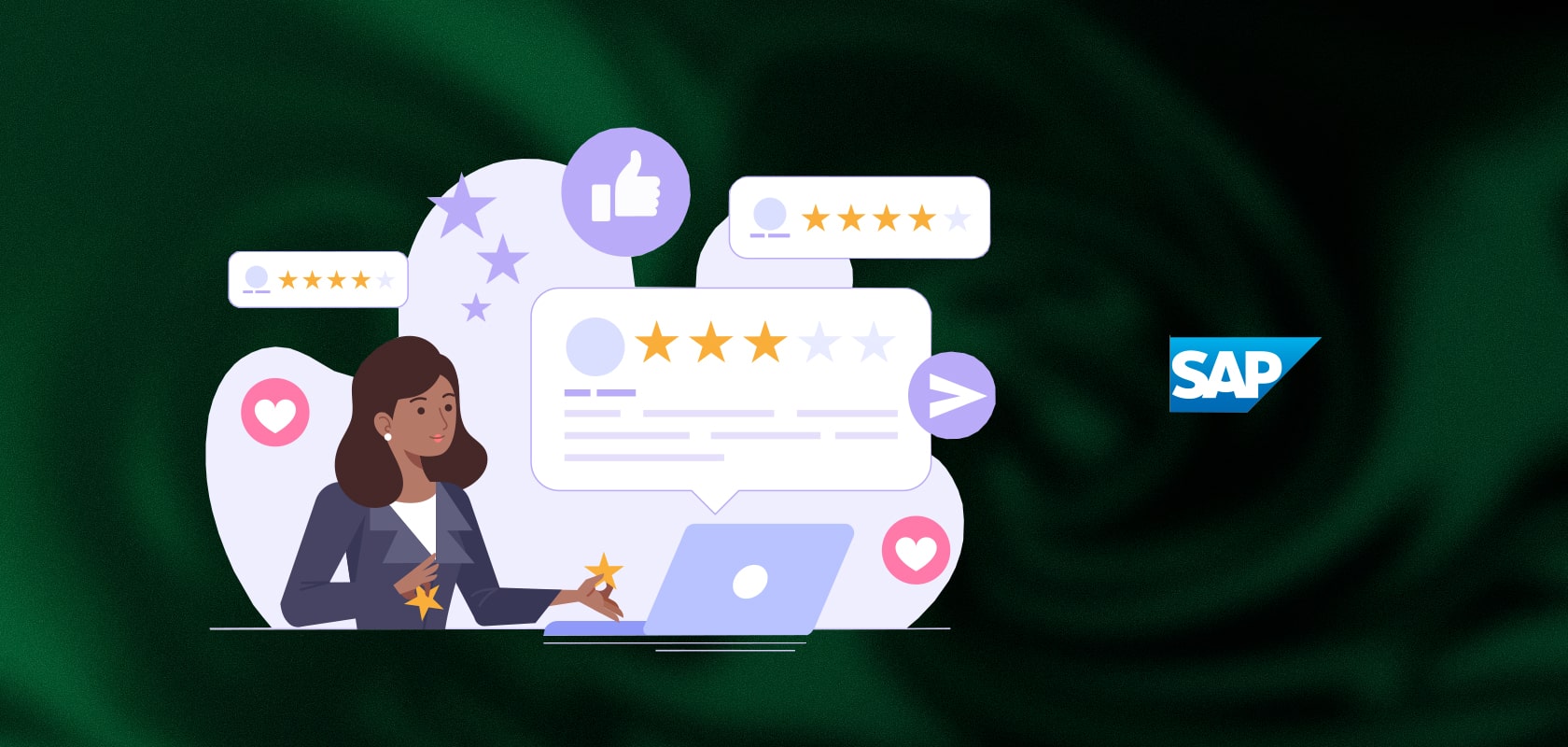 Frau am Laptop, die Sternbewertungen und Likes in Bewertungsblasen postet, SAP-Logo auf dunkelgrünem Hintergrund.