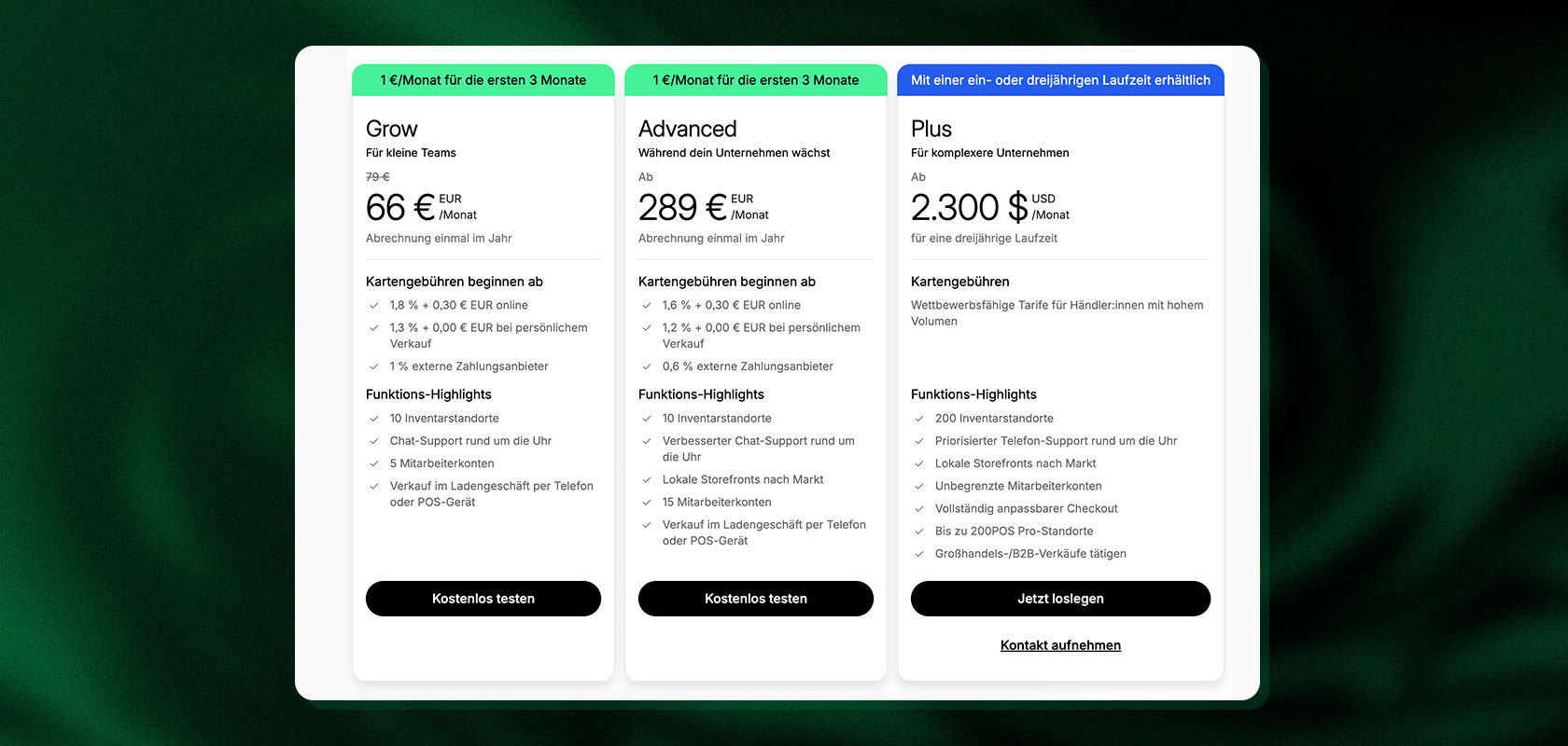 Preisvergleichstabelle mit drei Tarifen: Grow, Advanced und Plus. Details umfassen monatliche Kosten, Funktionen und Kontaktoptionen.