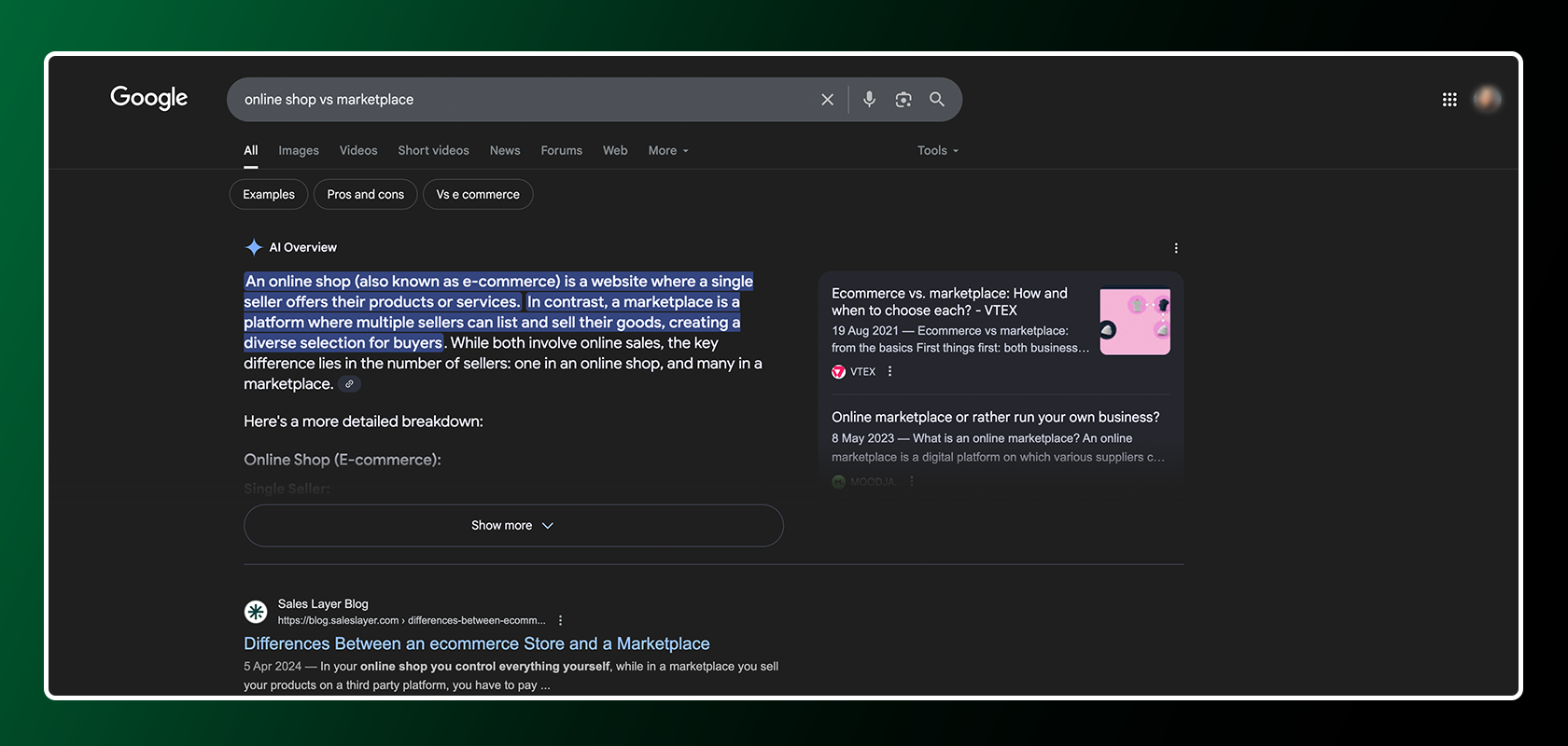 Google search results page for "online marketplaces vs online handel," showing a list of related links and descriptions.