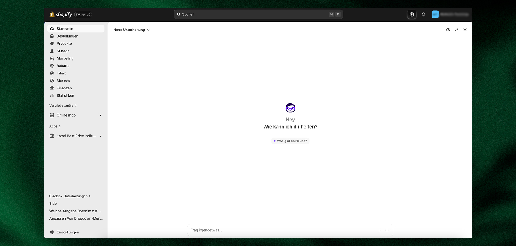 Shopify-Dashboard mit Startbildschirm, Navigationsmenü auf der linken Seite, Suchleiste oben und Begrüßungsmeldung in der Mitte.
