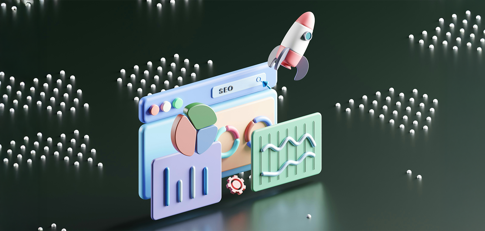 3D-Illustration des SEO-Konzepts mit Browser-Fenstern, Diagrammen und einer Rakete auf einem dunklen Hintergrund mit verstreuten kleinen Kugeln.