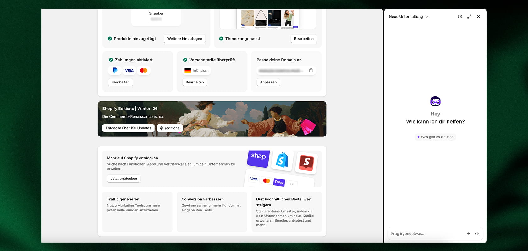 Ein geteilter Bildschirm, der links ein Website-Dashboard mit Menüoptionen und rechts eine Chat-Oberfläche mit der Frage „Wie kann ich Ihnen helfen?“ auf Deutsch zeigt.