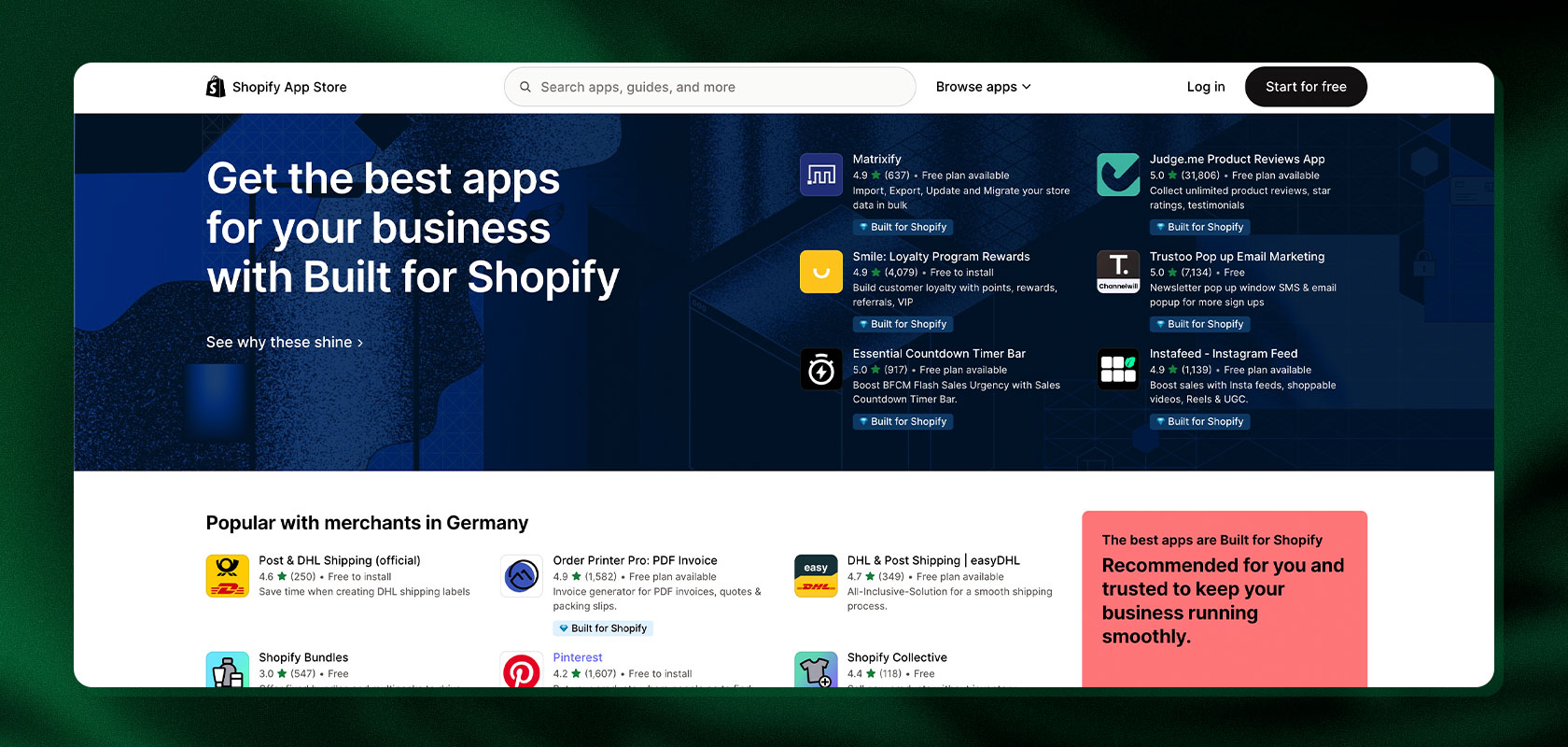 Screenshot of the Shopify App Store homepage in German, featuring app recommendations and categories for enhancing online stores.