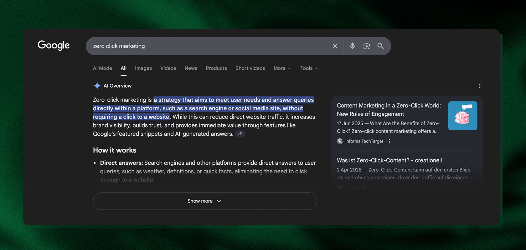 Google search results page about "Zero Click Marketing" with highlighted text.