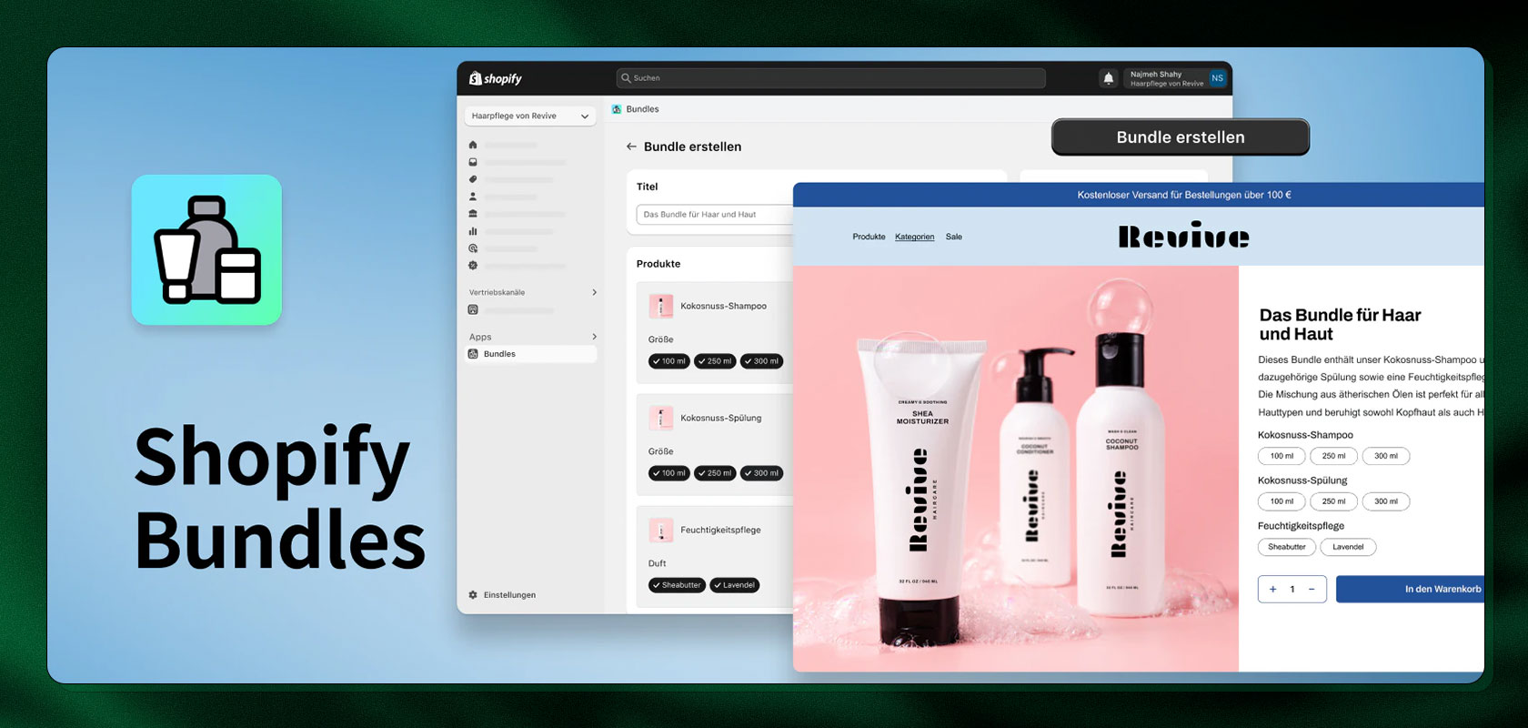 Shopify Bundles-Oberfläche mit einer Seite zur Erstellung von Produktpaketen und einer Beispielanzeige für ein Beauty-Produktpaket mit Flaschen auf rosa Hintergrund.
