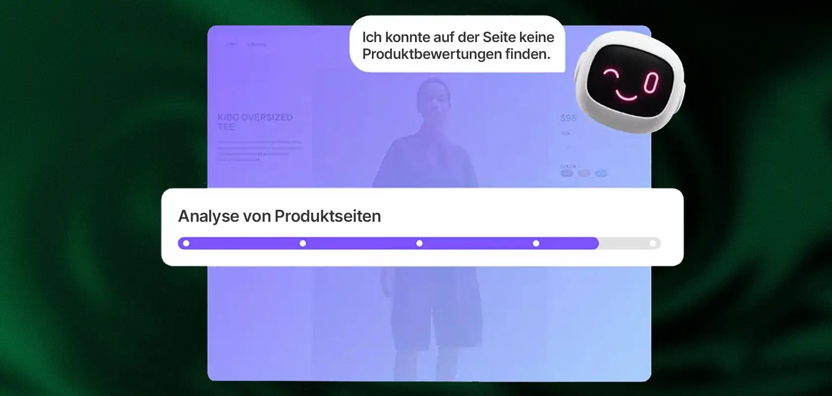 Illustration showing a chatbot saying, “I couldn't find any product reviews on the page,” above a progress bar titled “Product Page Analysis.”