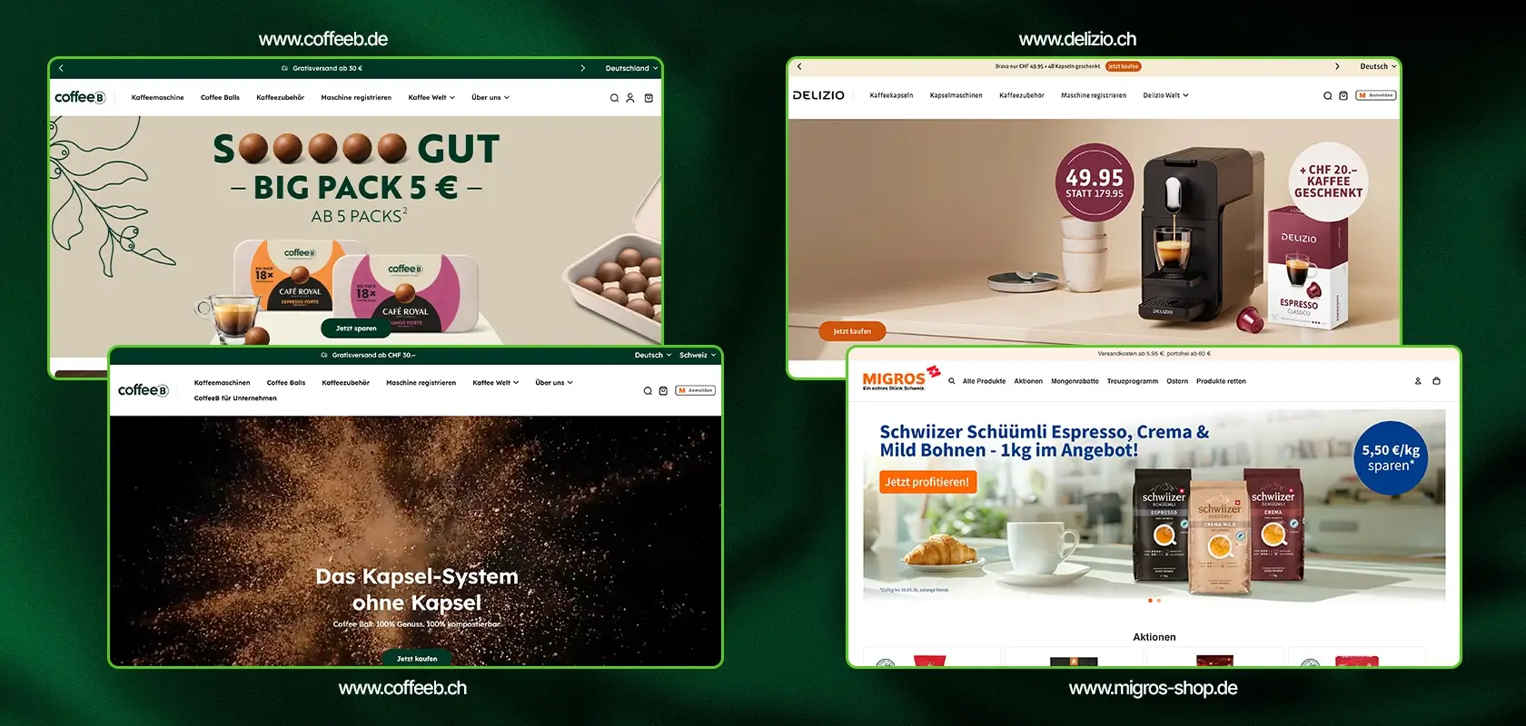 Vier Startseiten von Websites, auf denen Kaffeeartikel und Sonderangebote präsentiert werden, darunter Kapseln, eine Kaffeemaschine und Preisangebote vor grünem Hintergrund.