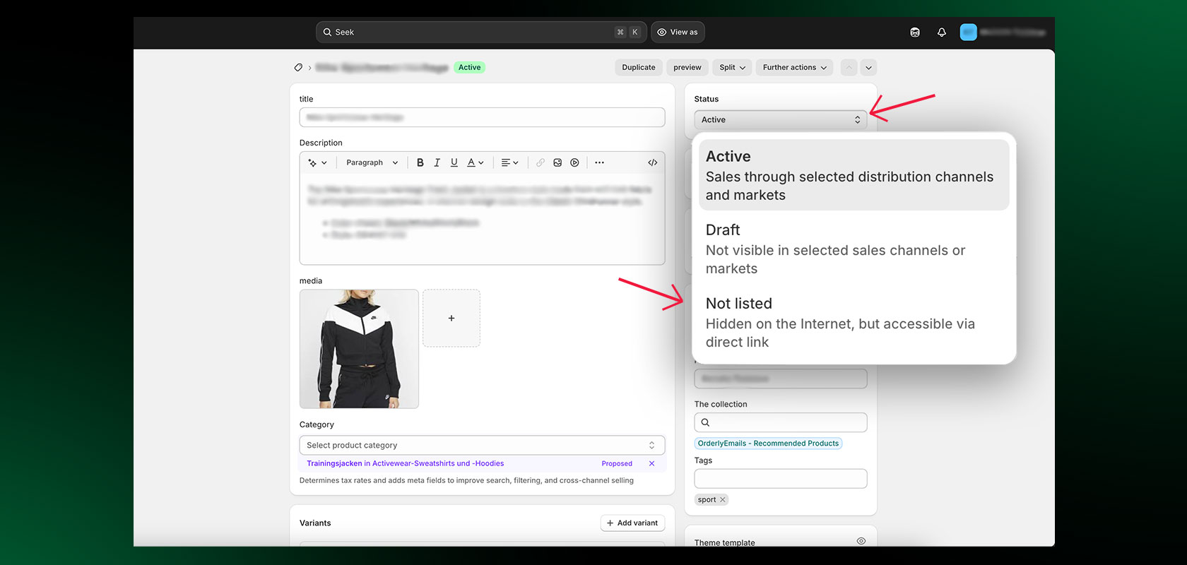 Screenshot of a webpage interface with a dropdown menu showing options: "Aktiv," "Entwurf," and "Nicht gelistet," highlighted by a red arrow.