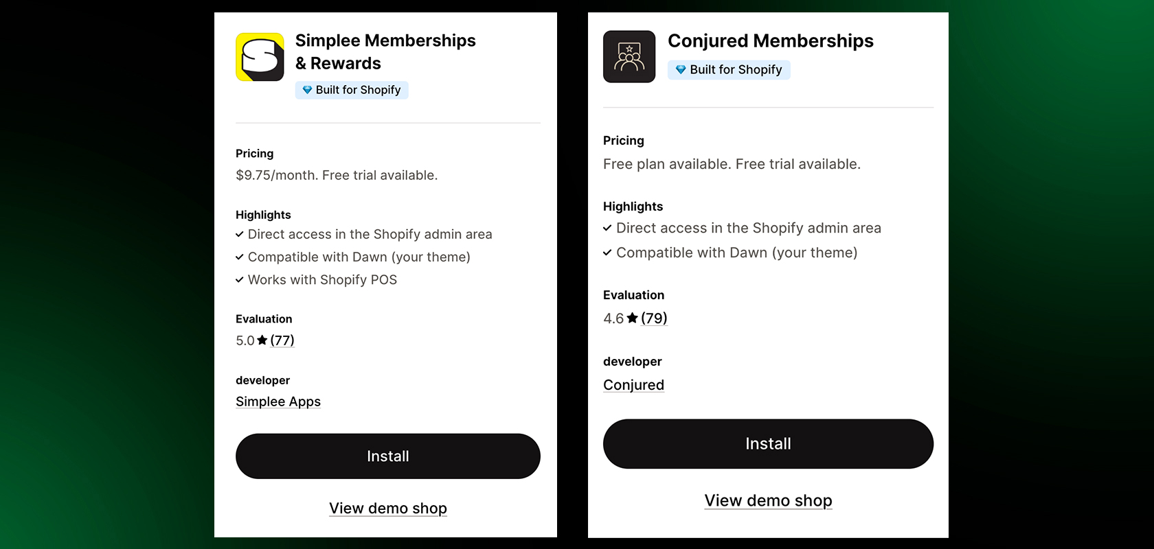 Comparison of two Shopify apps: Simple Memberships & Rewards and Conjured Memberships, showing pricing, features, and ratings.