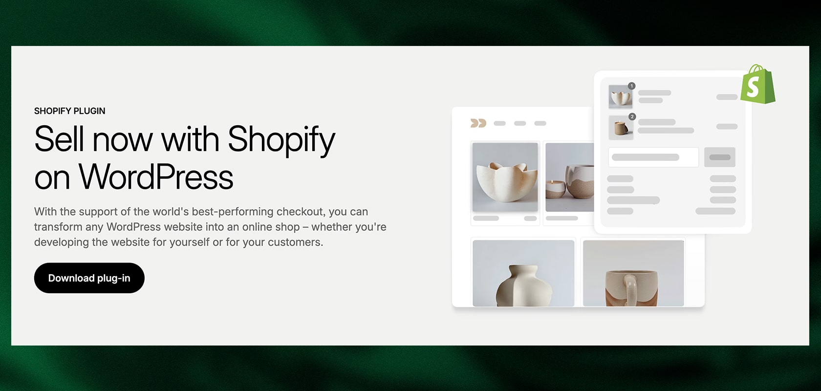 Banner promoting a Shopify plugin to sell on WordPress, with product listing mockups, text and a Shopify logo.