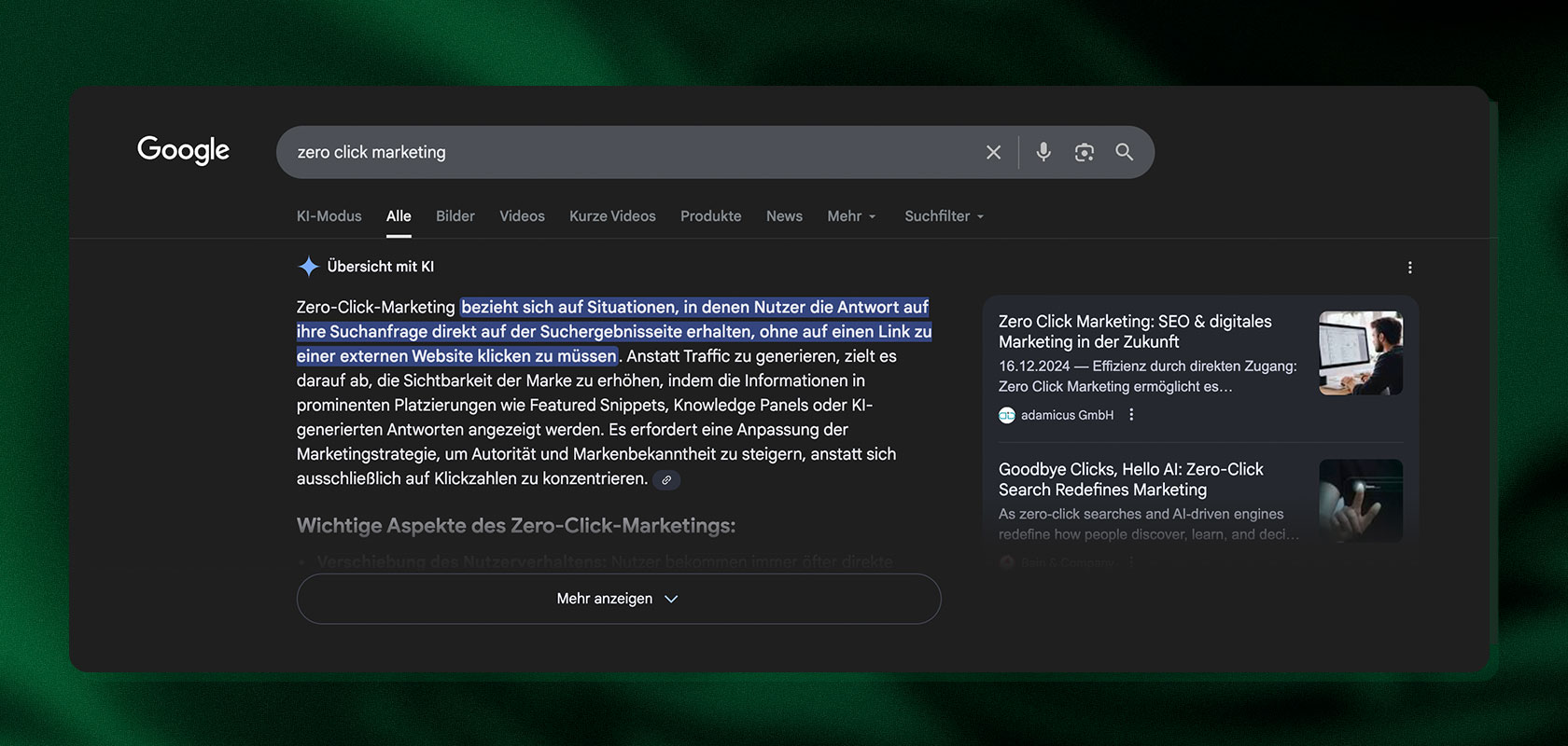 Google-Suchergebnisseite zum Thema „Zero Click Marketing“ mit hervorgehobenem Text in deutscher Sprache.