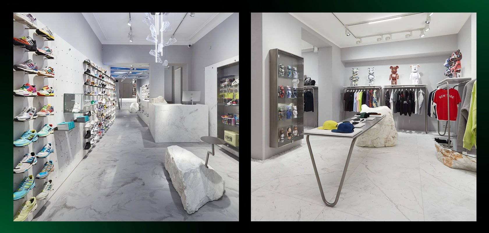 Moderner Einzelhandelsladen mit Sneakers auf Wandregalen und Kleiderständern. Marmorboden und minimalistische Einrichtung. Helle Beleuchtung unterstreicht die Raumwirkung.