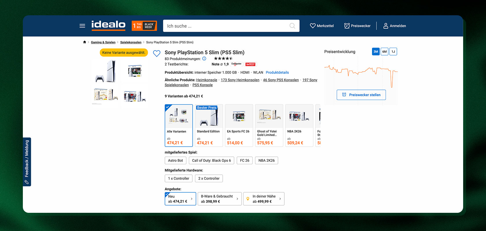 Screenshot der idealo-Produktseite für die Sony PlayStation 5 Slim mit Preisvergleichen, Verkäuferangeboten und Produktminiaturansichten.