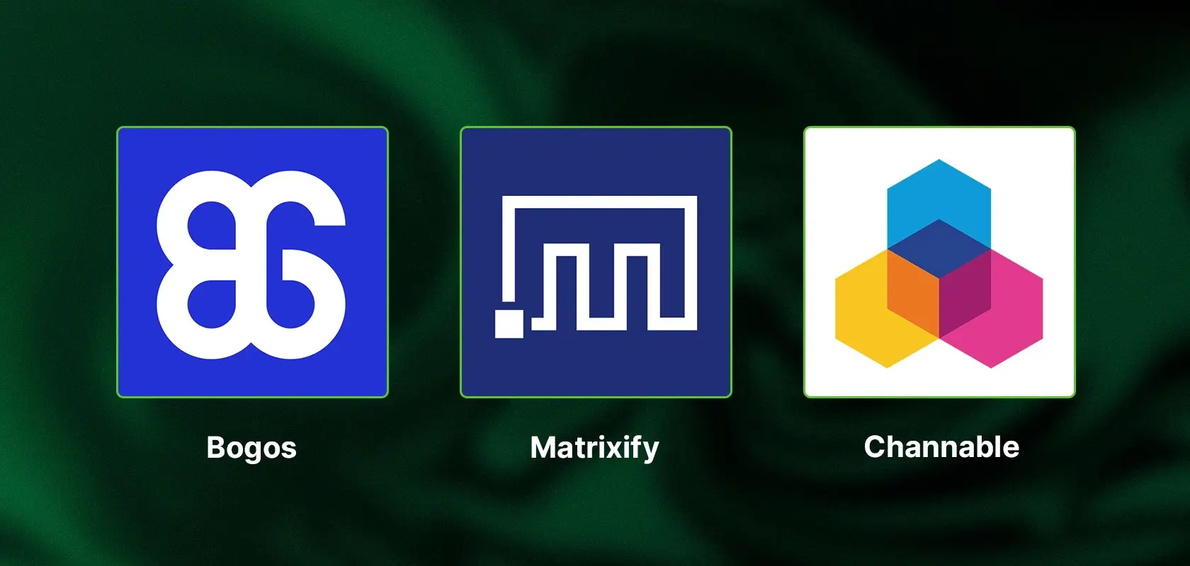Logos von drei Apps: Bogos mit einem stilisierten „B“, Matrixify mit einem digitalen Muster und Channable mit sich überlappenden bunten Sechsecken.