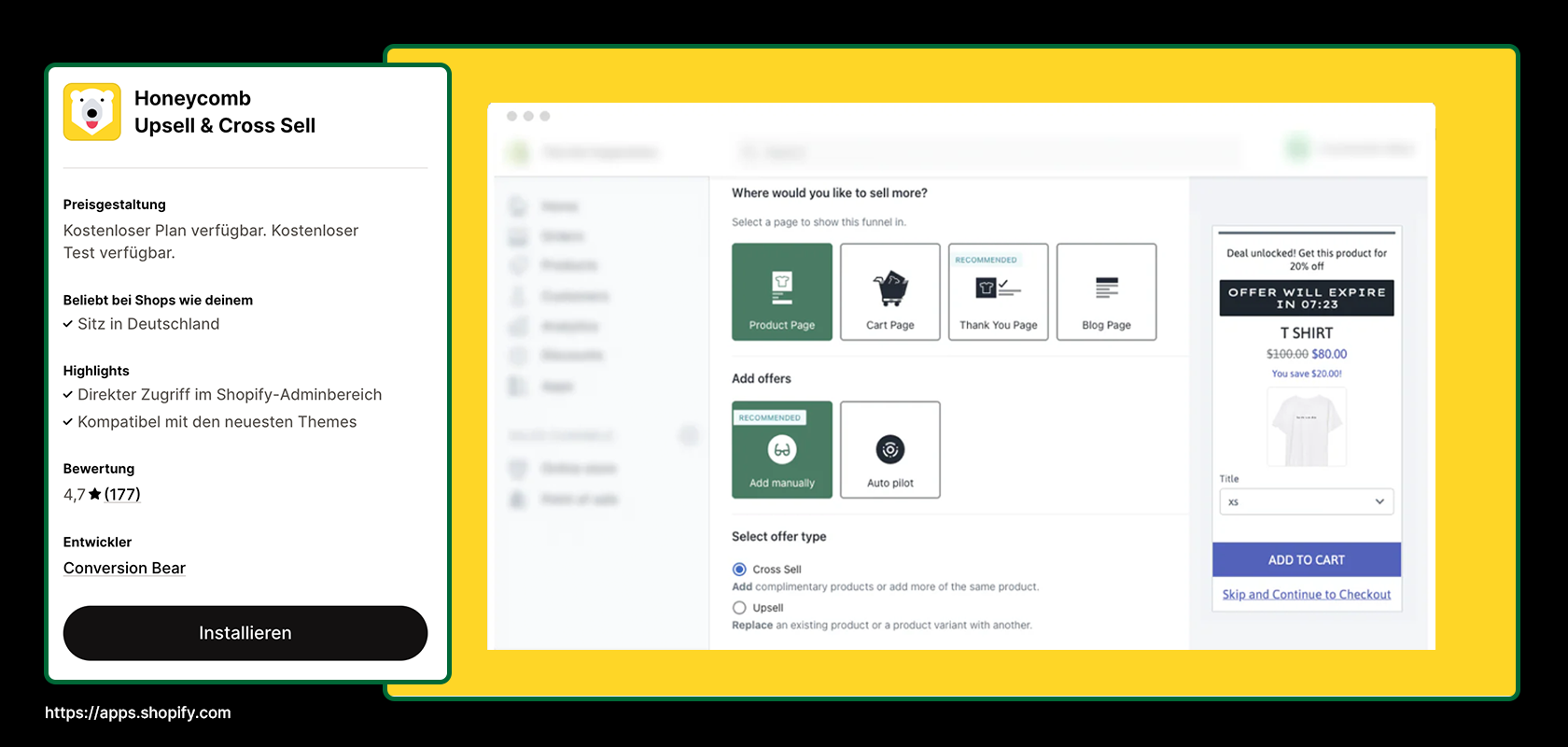 Die Oberfläche der Shopify-App zeigt Produktauswahloptionen, Angebotsergänzungen und eine Vorschau auf eine Upsell-Funktion in einer Seitenleiste.