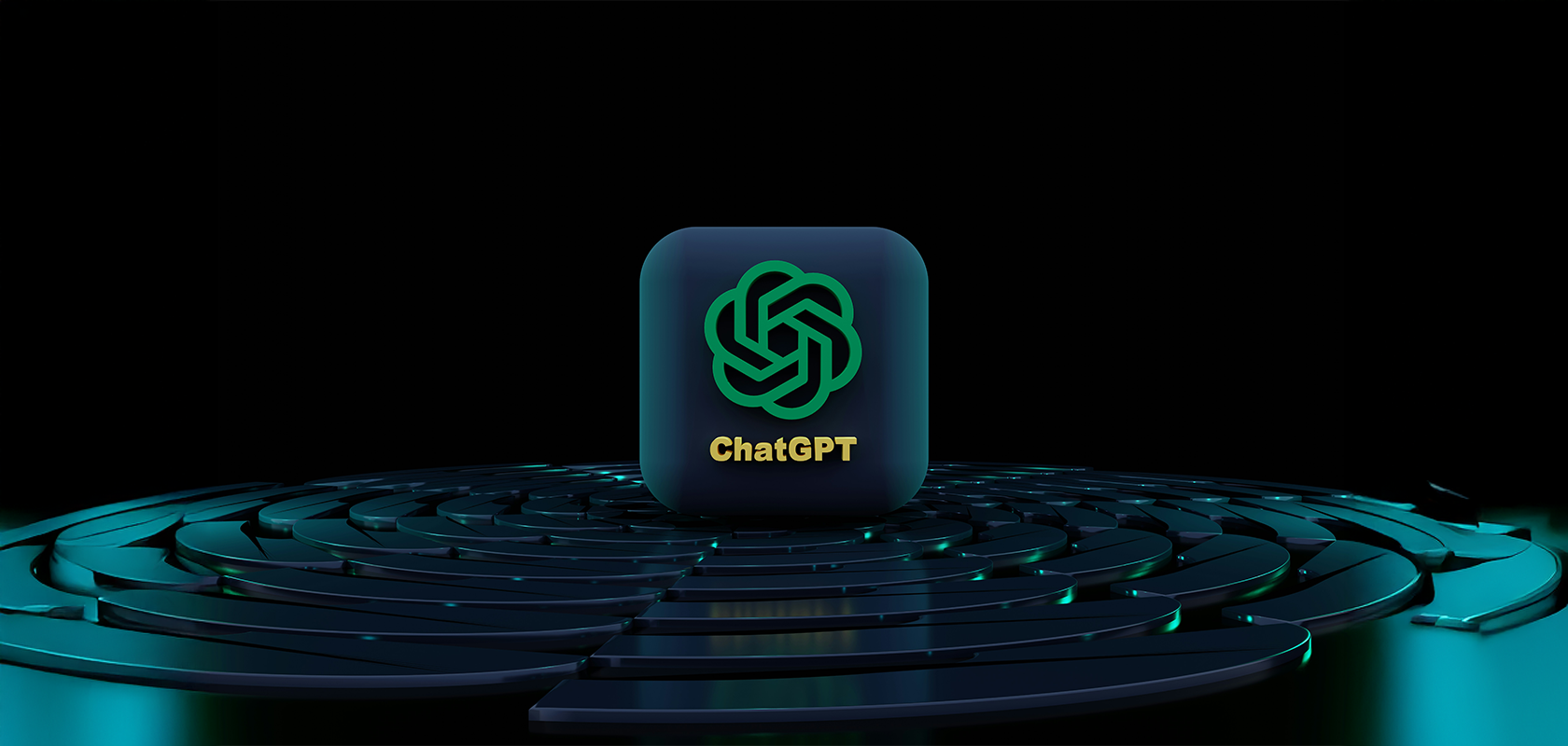 ChatGPT-Logo auf einer futuristischen, runden, blauen und schwarzen Plattform mit dunklem Hintergrund.