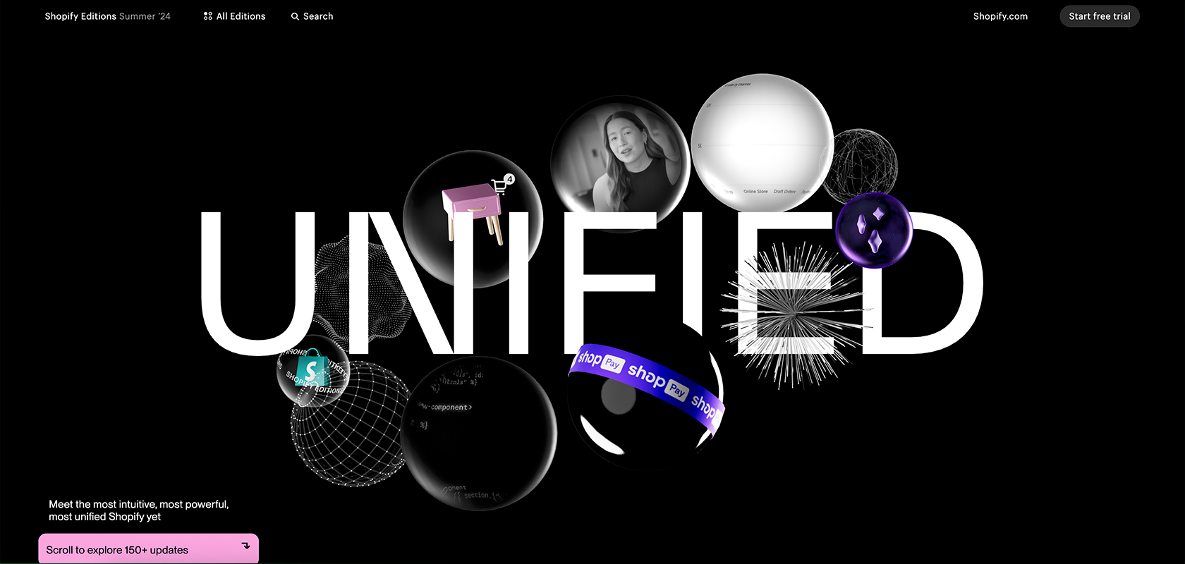 Das Wort „UNIFIED“ ist vor einem schwarzen Hintergrund mit verschiedenen kreisförmigen Bildern und Formen überlagert und wirbt für Shopify Editions Sommer ’23.
