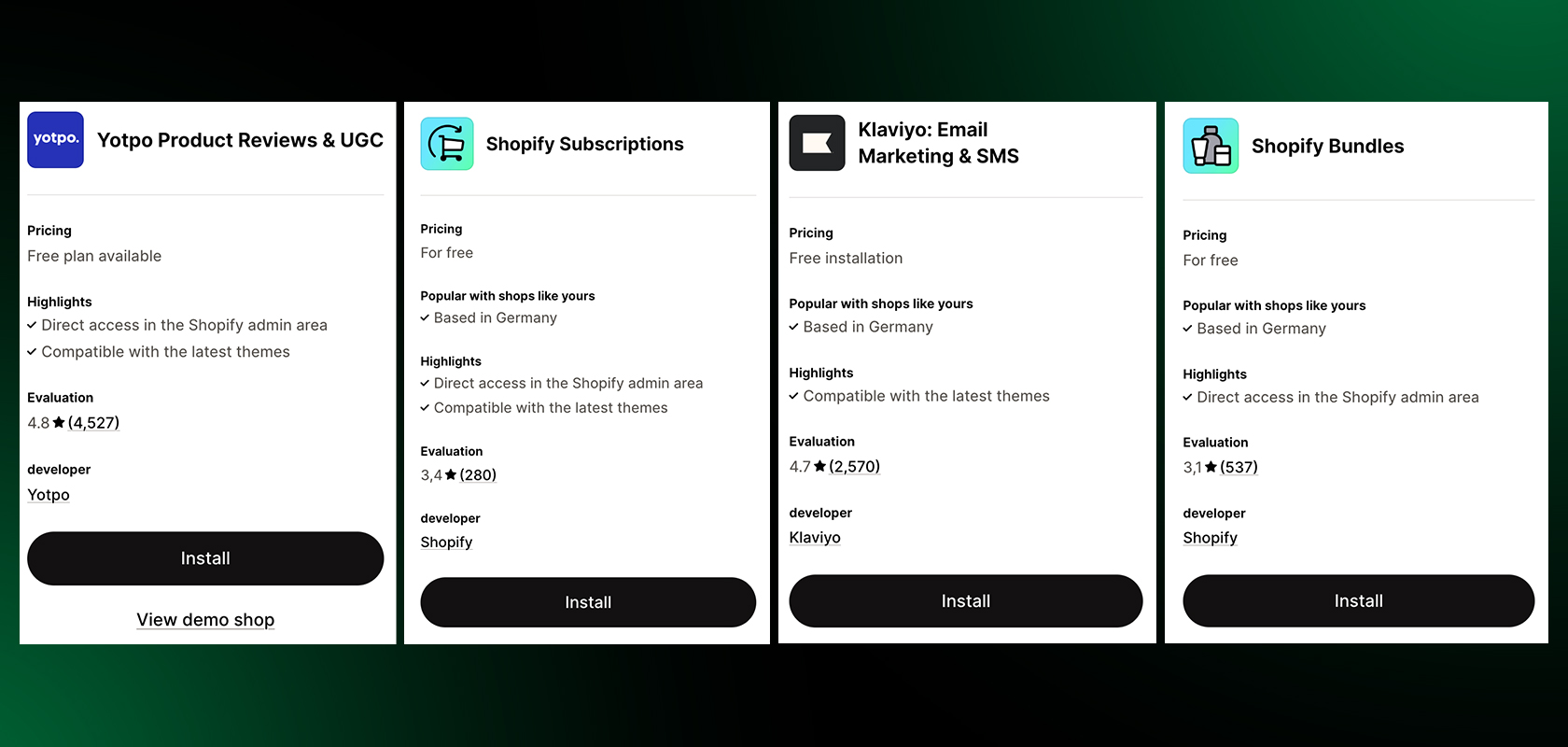 Comparison of four Shopify app options, showing pricing, highlights, and ratings for Yotpo, Shopify Subscriptions, Klaviyo, and Shopify Bundles.